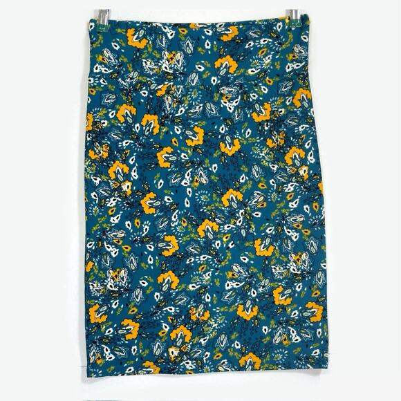 LuLaRoe Cassie Skirt Large Teal Mustard Floral Knee Length Pull On Pencil Travel - Picture 1 of 11